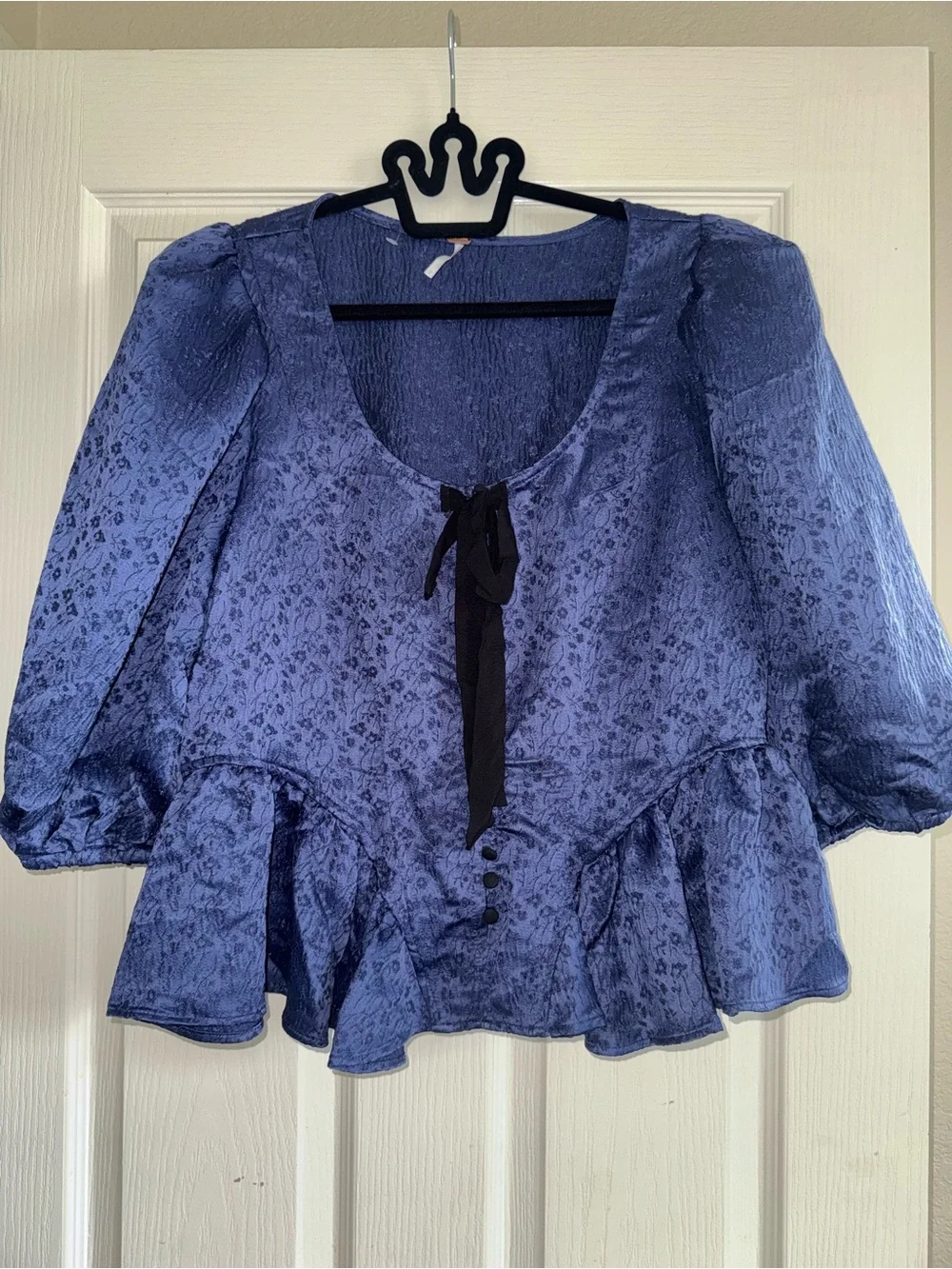 Free People Navy Peplum Blouse with Black bow, New plastic tag attached